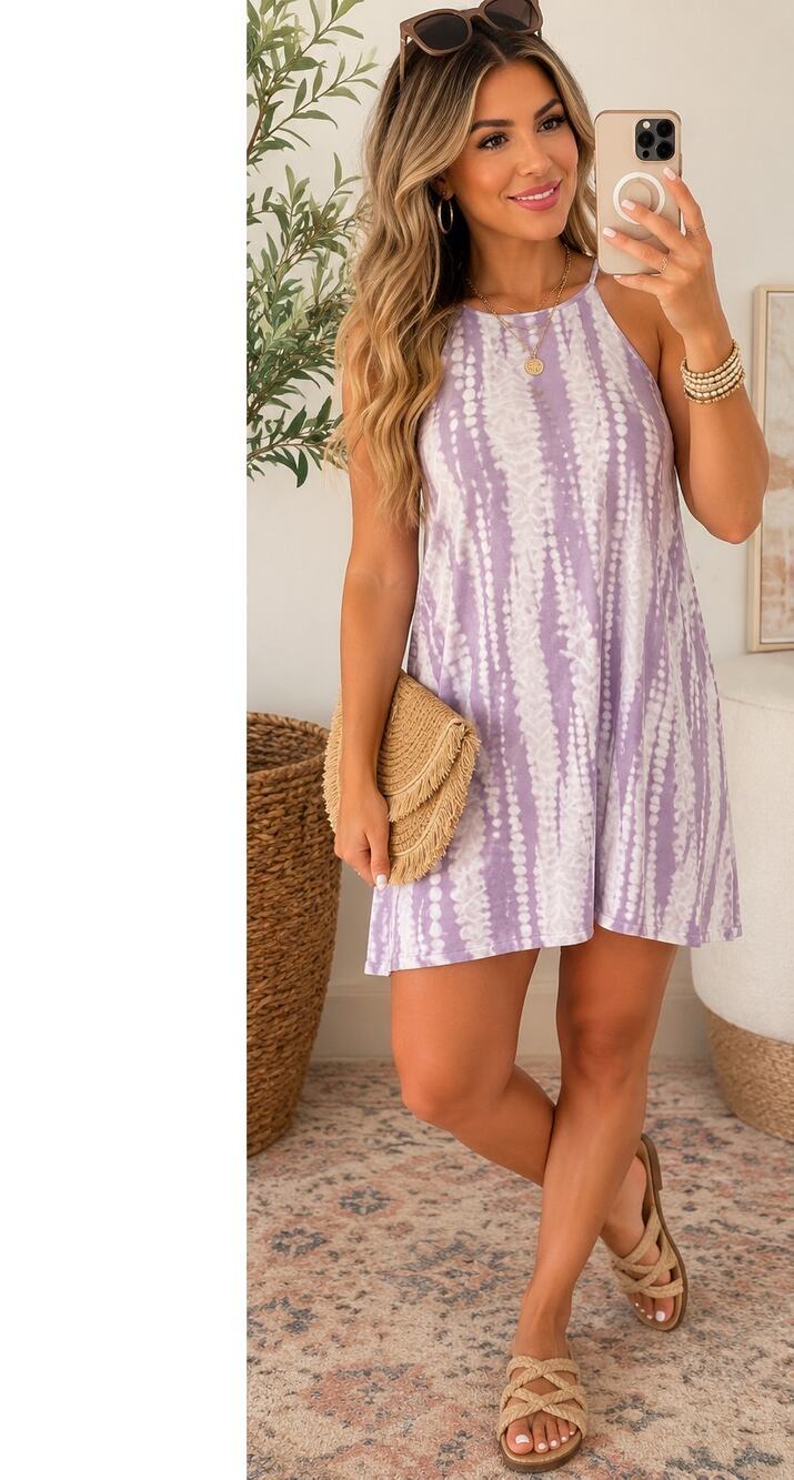 Tyche Lavender Tie Dye Racerback Shift Mini Dress | Boho Resort Vacation, S